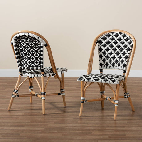 Ambre Modern French Black and White Weaving Natural Rattan 2-Piece Bistro Chair Set