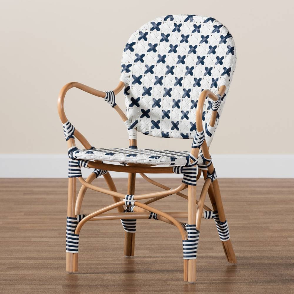 Bryson Modern French Blue and White Weaving and Natural Rattan Bistro Chair