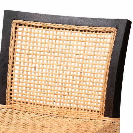 Lingga Modern Wicker Fair Dark Brown Mahogany Wood and Natural Rattan Counter Stool