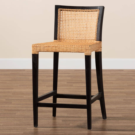 Lingga Modern Wicker Fair Dark Brown Mahogany Wood and Natural Rattan Counter Stool