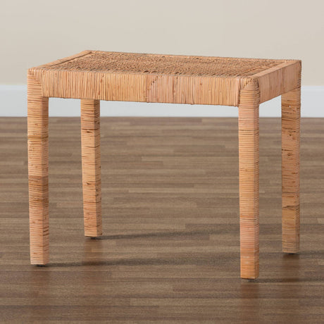 Abelia Modern Wicker Fair Natural Rattan and Mahogany Wood Short Accent Bench