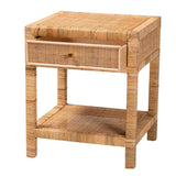 Adelia Modern Wicker Fair Natural Rattan and Mahogany Wood 1-Drawer Nightstand