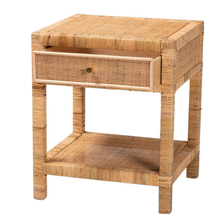 Adelia Modern Wicker Fair Natural Rattan and Mahogany Wood 1-Drawer Nightstand