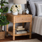 Adelia Modern Wicker Fair Natural Rattan and Mahogany Wood 1-Drawer Nightstand