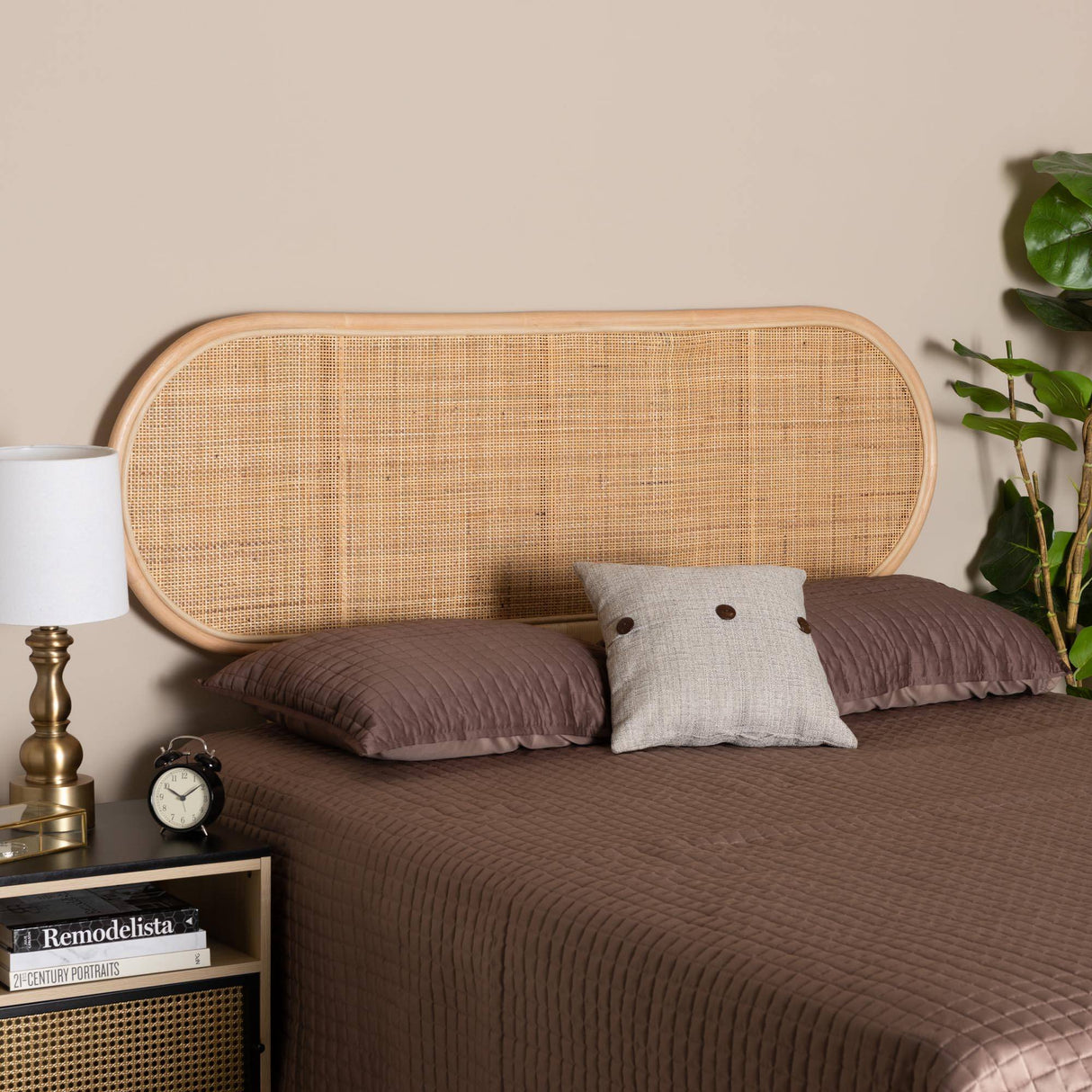 Reegan Modern Wicker Fair Natural Brown Rattan Queen Size Standalone Headboard