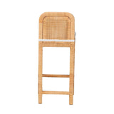 Zariah Modern Wicker Fair Natural Brown Rattan and Mahogany Wood Bar Stool