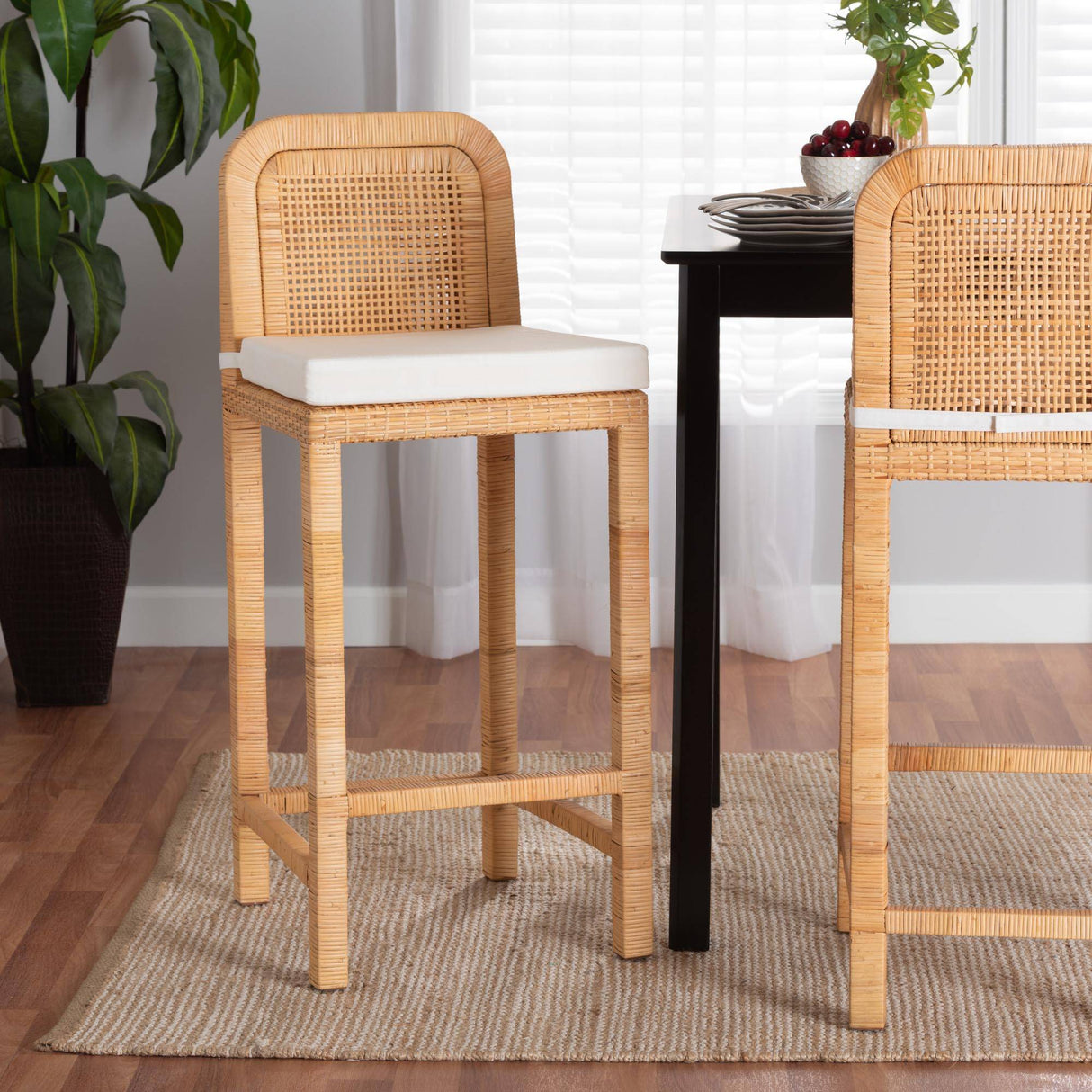 Zariah Modern Wicker Fair Natural Brown Rattan and Mahogany Wood Bar Stool