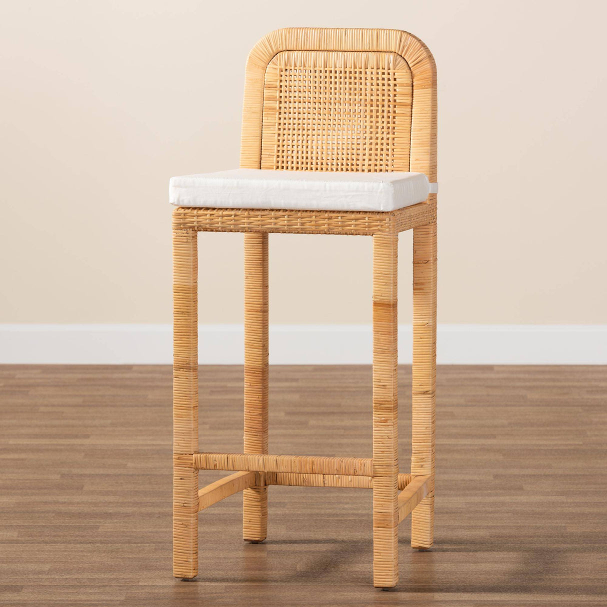 Zariah Modern Wicker Fair Natural Brown Rattan and Mahogany Wood Bar Stool