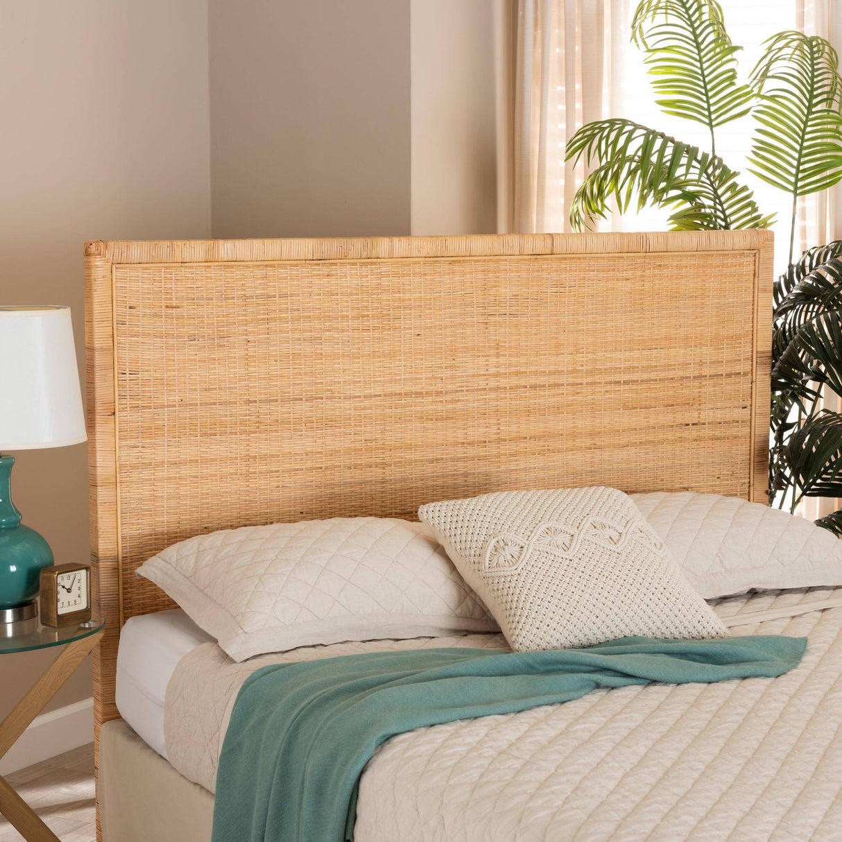 Adelyn Modern Wicker Fair Natural Brown Rattan and Mahogany Wood Queen Size Headboard