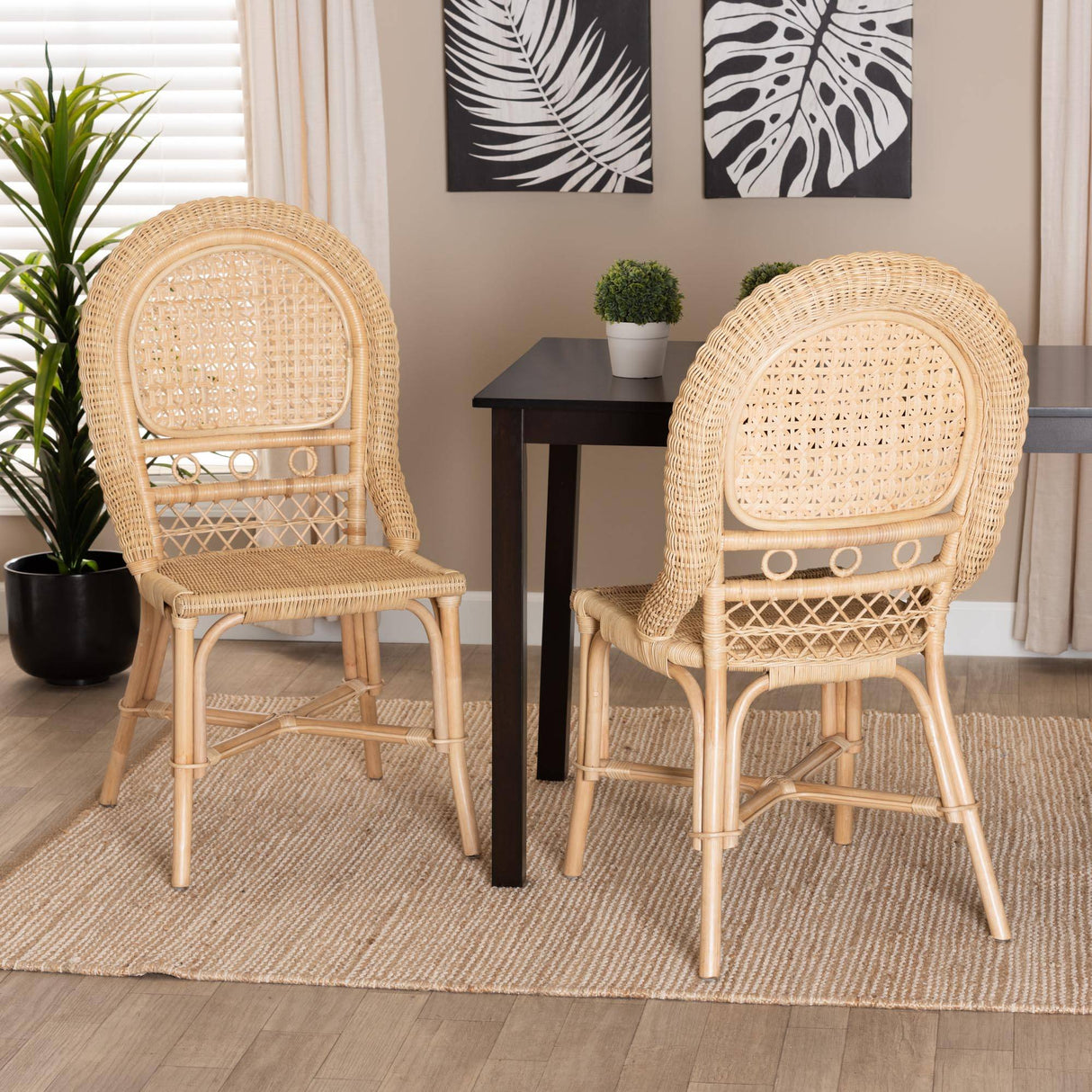 Jelita Modern Wicker Fair Natural Brown Rattan 2-Piece Dining Chair Set