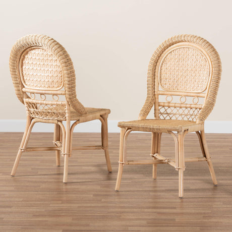 Jelita Modern Wicker Fair Natural Brown Rattan 2-Piece Dining Chair Set