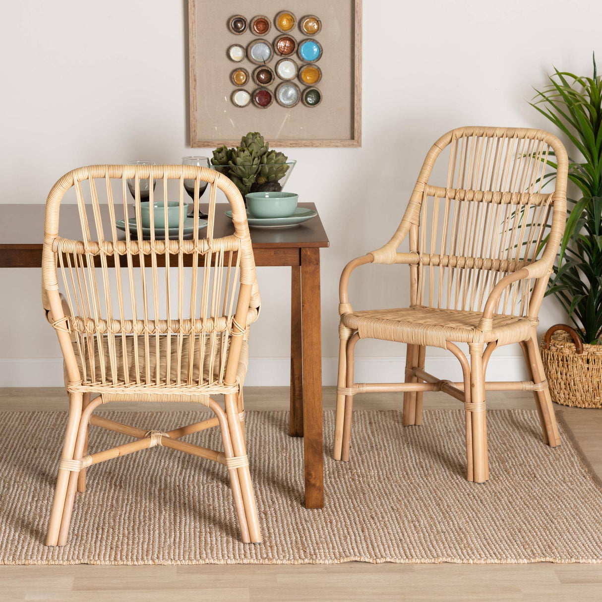 Sumatera Modern Wicker Fair Natural Brown Rattan 2-Piece Dining Chair Set