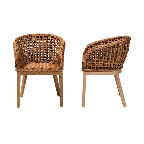 Mario Modern Wicker Fair Natural Brown Finished Teak Wood and Rattan 2-Piece Dining Chair Set