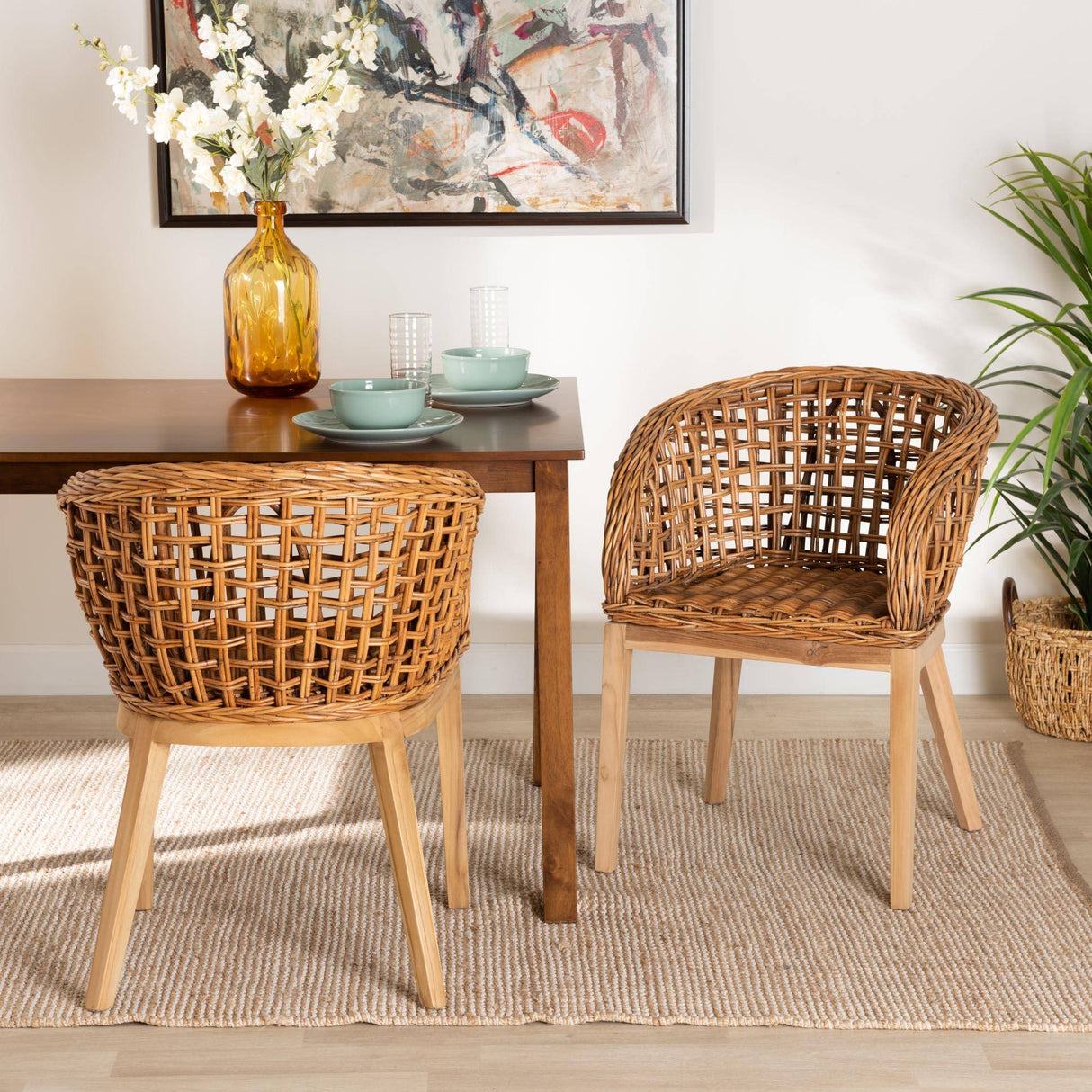 Mario Modern Wicker Fair Natural Brown Finished Teak Wood and Rattan 2-Piece Dining Chair Set
