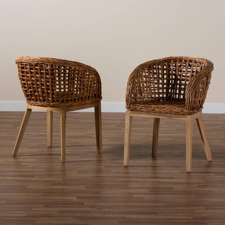Mario Modern Wicker Fair Natural Brown Finished Teak Wood and Rattan 2-Piece Dining Chair Set