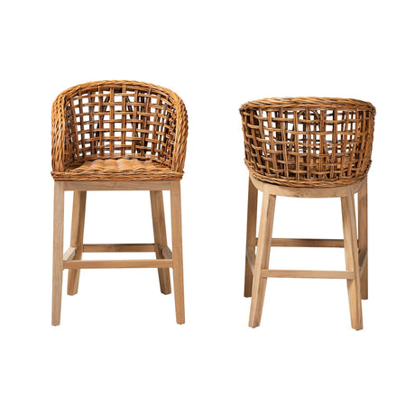 Mario Modern Wicker Fair Natural Brown Finished Teak Wood and Rattan 2-Piece Counter Stool Set
