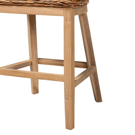 Mario Modern Wicker Fair Natural Brown Finished Teak Wood and Rattan 2-Piece Counter Stool Set