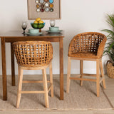 Mario Modern Wicker Fair Natural Brown Finished Teak Wood and Rattan 2-Piece Counter Stool Set