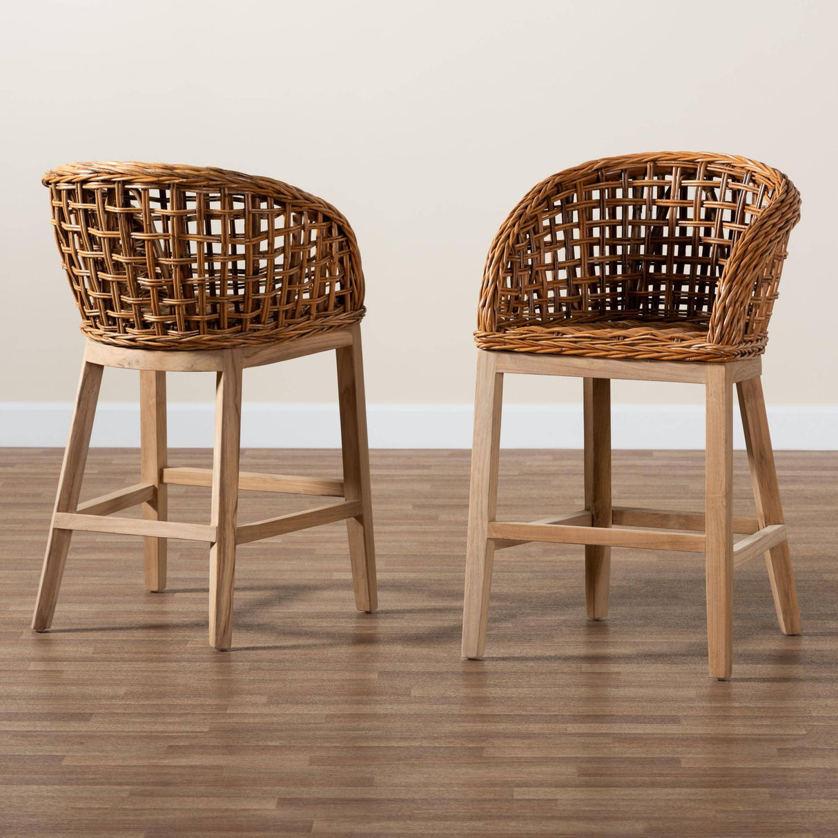 Mario Modern Wicker Fair Natural Brown Finished Teak Wood and Rattan 2-Piece Counter Stool Set