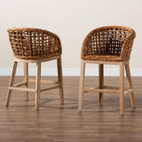 Mario Modern Wicker Fair Natural Brown Finished Teak Wood and Rattan 2-Piece Counter Stool Set