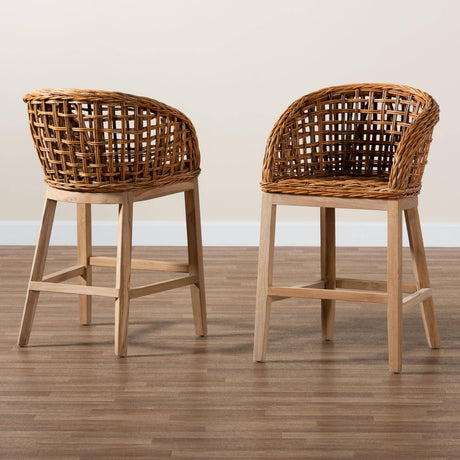 Mario Modern Wicker Fair Natural Brown Finished Teak Wood and Rattan 2-Piece Counter Stool Set