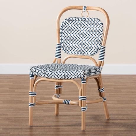 Luciana Modern French Blue and White Weaving Natural Rattan Bistro Chair
