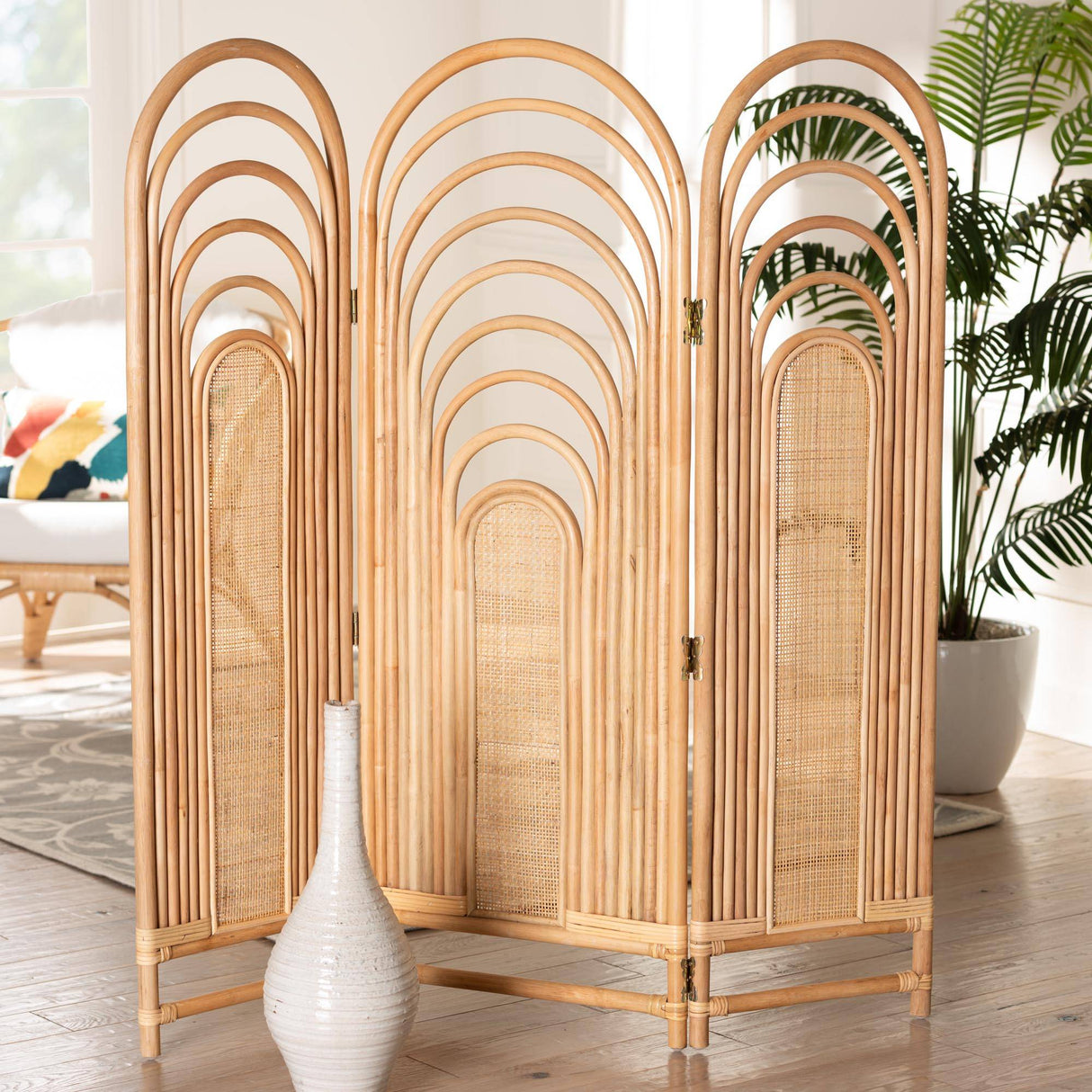 Golda Modern Wicker Fair Natural Brown Rattan Room Divider