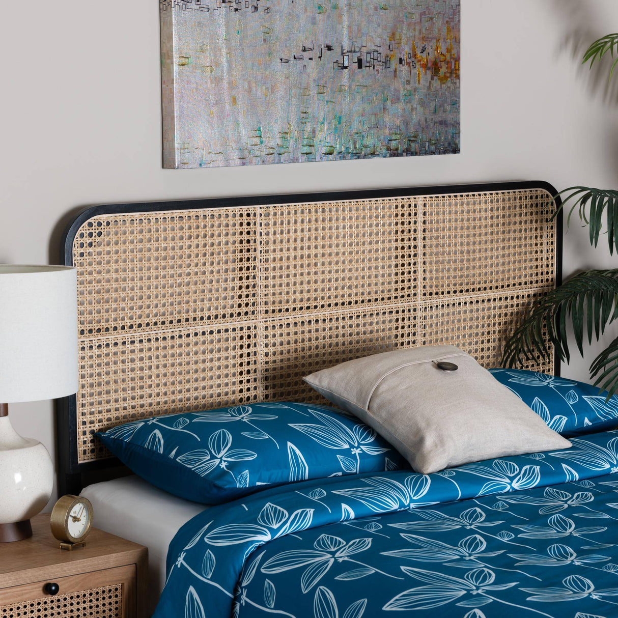 Lainer Modern Wicker Fair Black Finished Bayur Wood and Natural Bamboo Queen Size Headboard