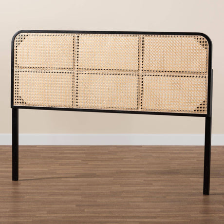Lainer Modern Wicker Fair Black Finished Bayur Wood and Natural Bamboo Queen Size Headboard