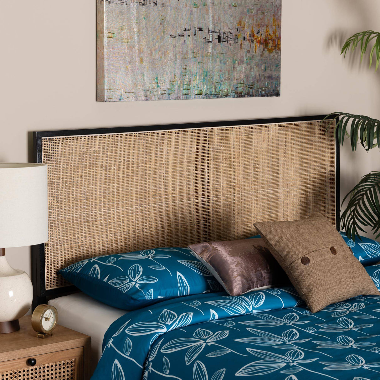 Aurelia Modern Wicker Fair Black Finished Bayur Wood and Natural Rattan Queen Size Headboard