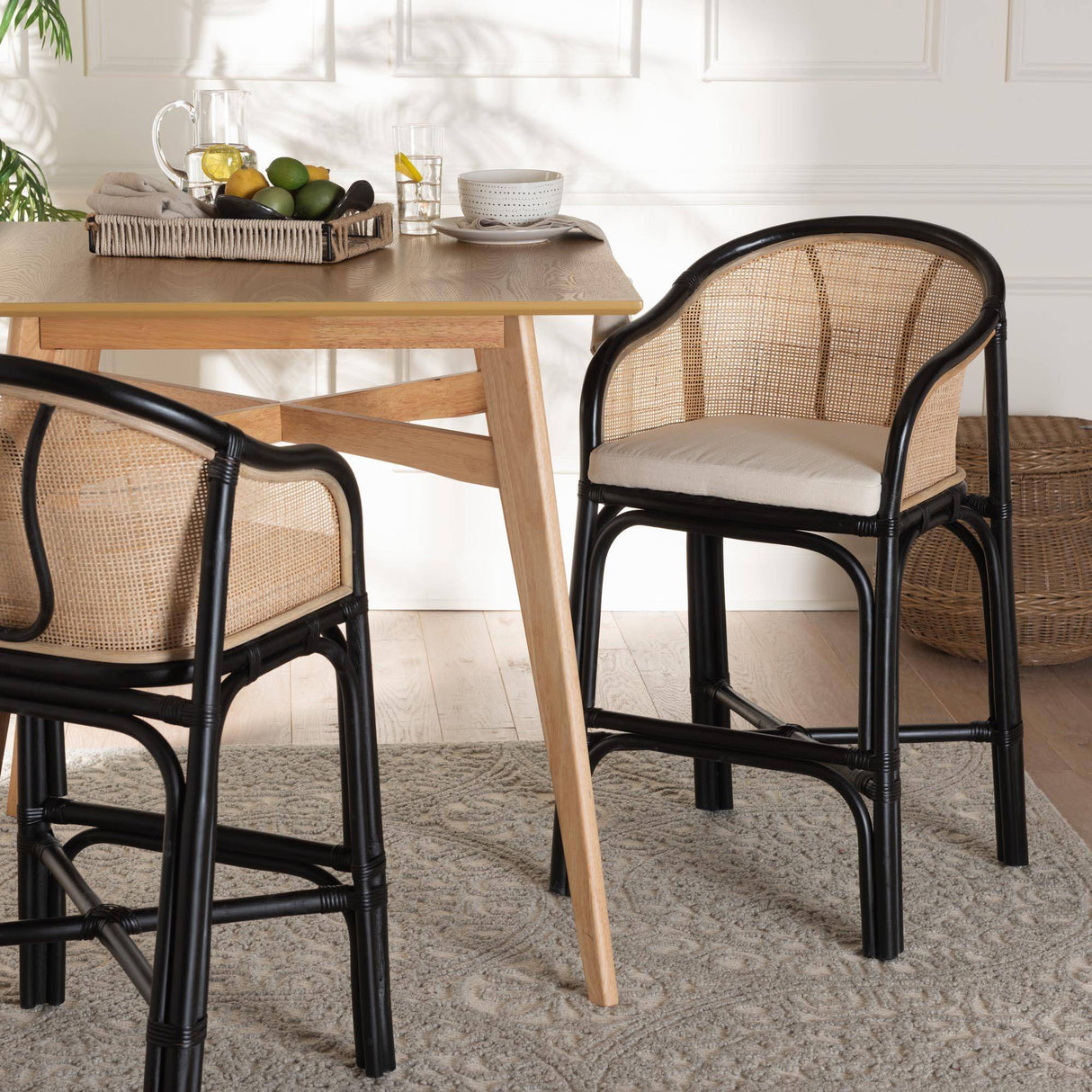 Miranda Modern Wicker Fair Two-Tone Black and Natural Brown Rattan Counter Stool