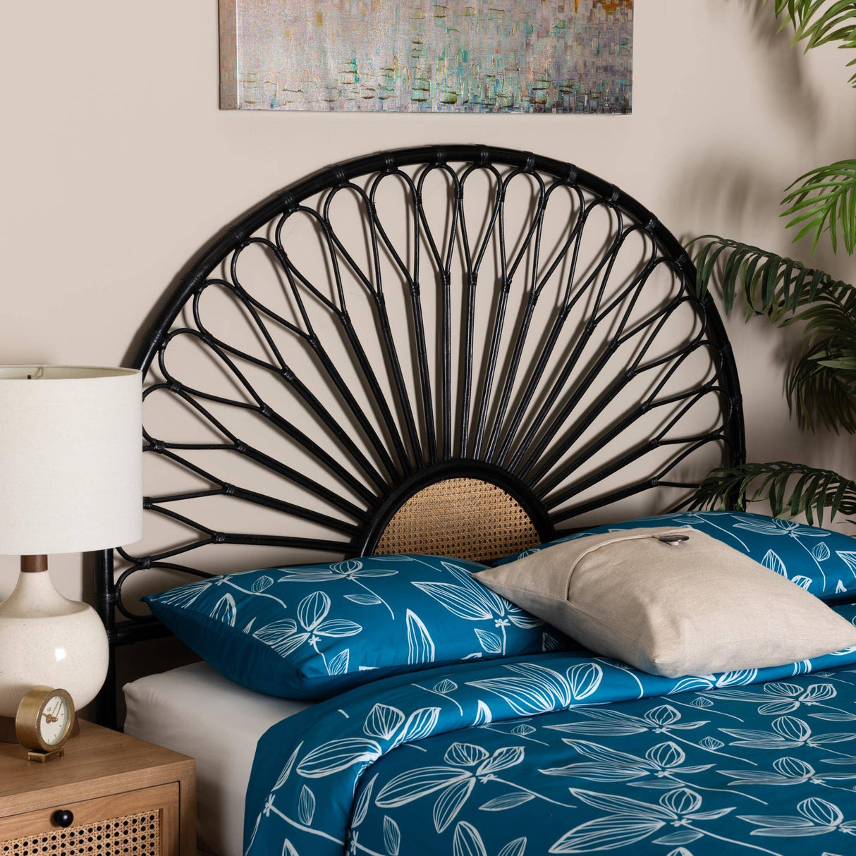 Perenna Modern Wicker Fair Two-Tone Black and Natural Brown Rattan King Size Standalone Headboard