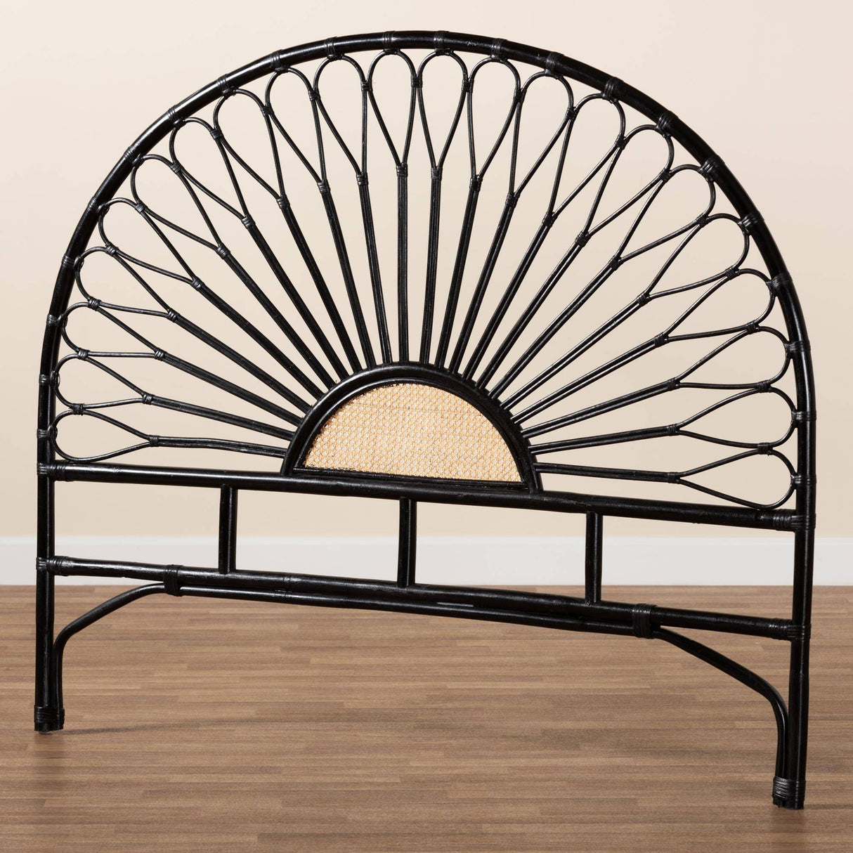 Perenna Modern Wicker Fair Two-Tone Black and Natural Brown Rattan King Size Standalone Headboard