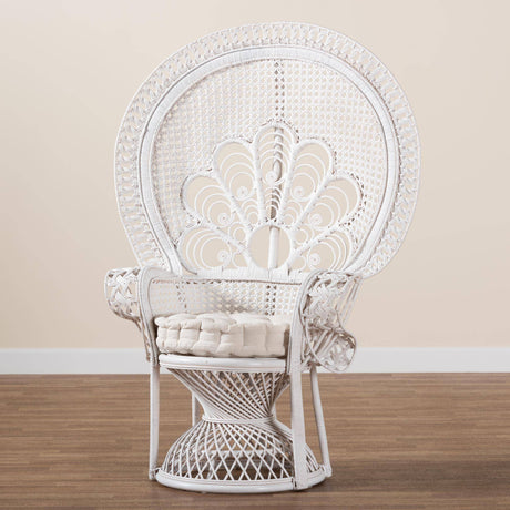 Ediva Modern Wicker Fair White Natural Rattan Peacock Accent Chair