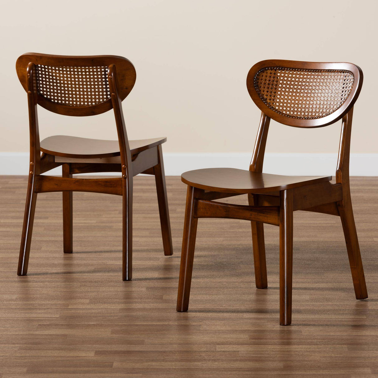Hesper Mid-Century Modern Walnut Brown Finished Wood and Rattan 2-Piece Dining Chair Set