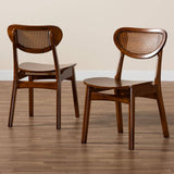 Hesper Mid-Century Modern Walnut Brown Finished Wood and Rattan 2-Piece Dining Chair Set