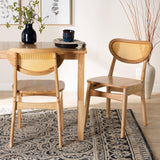Nenet Mid-Century Modern Oak Brown Finished Wood and Rattan 2-Piece Dining Chair Set