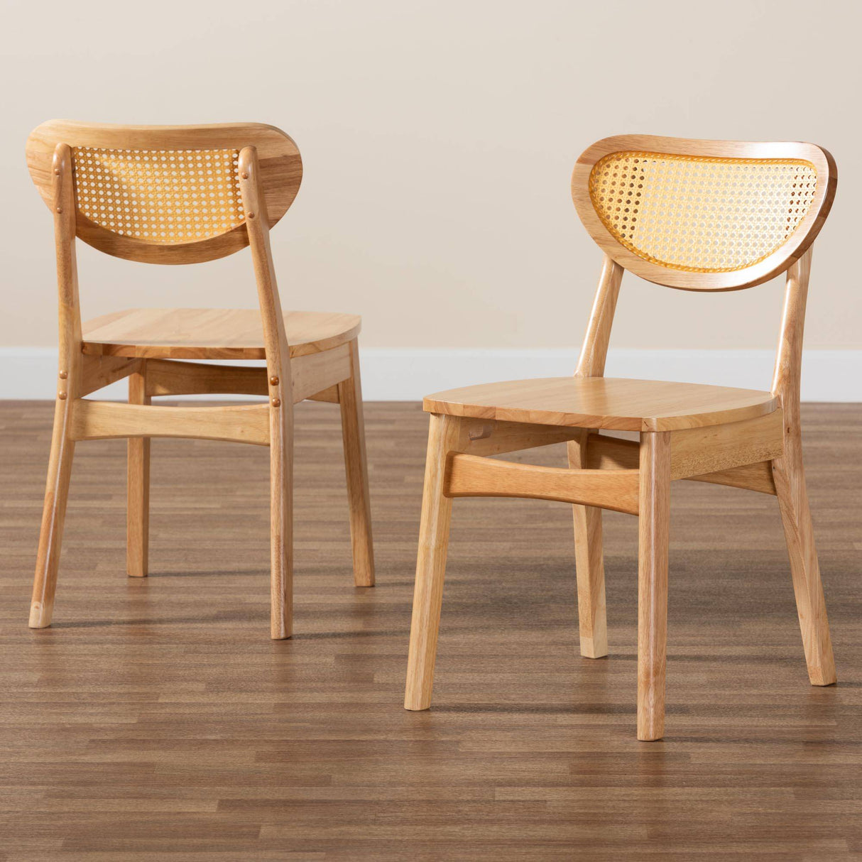 Nenet Mid-Century Modern Oak Brown Finished Wood and Rattan 2-Piece Dining Chair Set