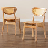 Nenet Mid-Century Modern Oak Brown Finished Wood and Rattan 2-Piece Dining Chair Set