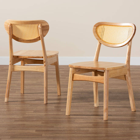 Nenet Mid-Century Modern Oak Brown Finished Wood and Rattan 2-Piece Dining Chair Set