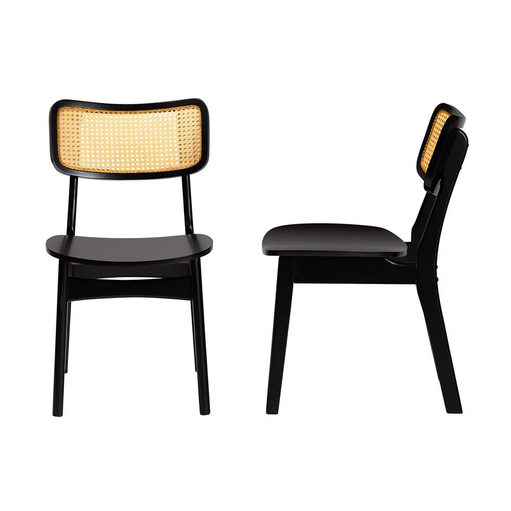 Tafari Mid-Century Modern Dark Brown Finished Wood and Rattan 2-Piece Dining Chair Set