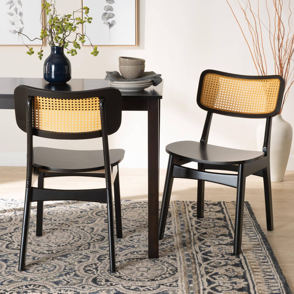 Tafari Mid-Century Modern Dark Brown Finished Wood and Rattan 2-Piece Dining Chair Set