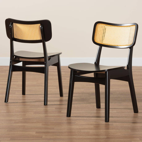 Tafari Mid-Century Modern Dark Brown Finished Wood and Rattan 2-Piece Dining Chair Set