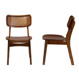 Tafari Mid-Century Modern Walnut Brown Finished Wood and Rattan 2-Piece Dining Chair Set