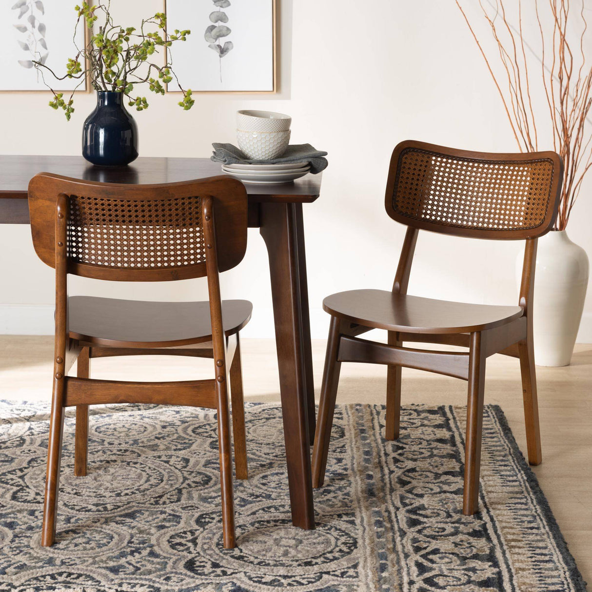Tafari Mid-Century Modern Walnut Brown Finished Wood and Rattan 2-Piece Dining Chair Set