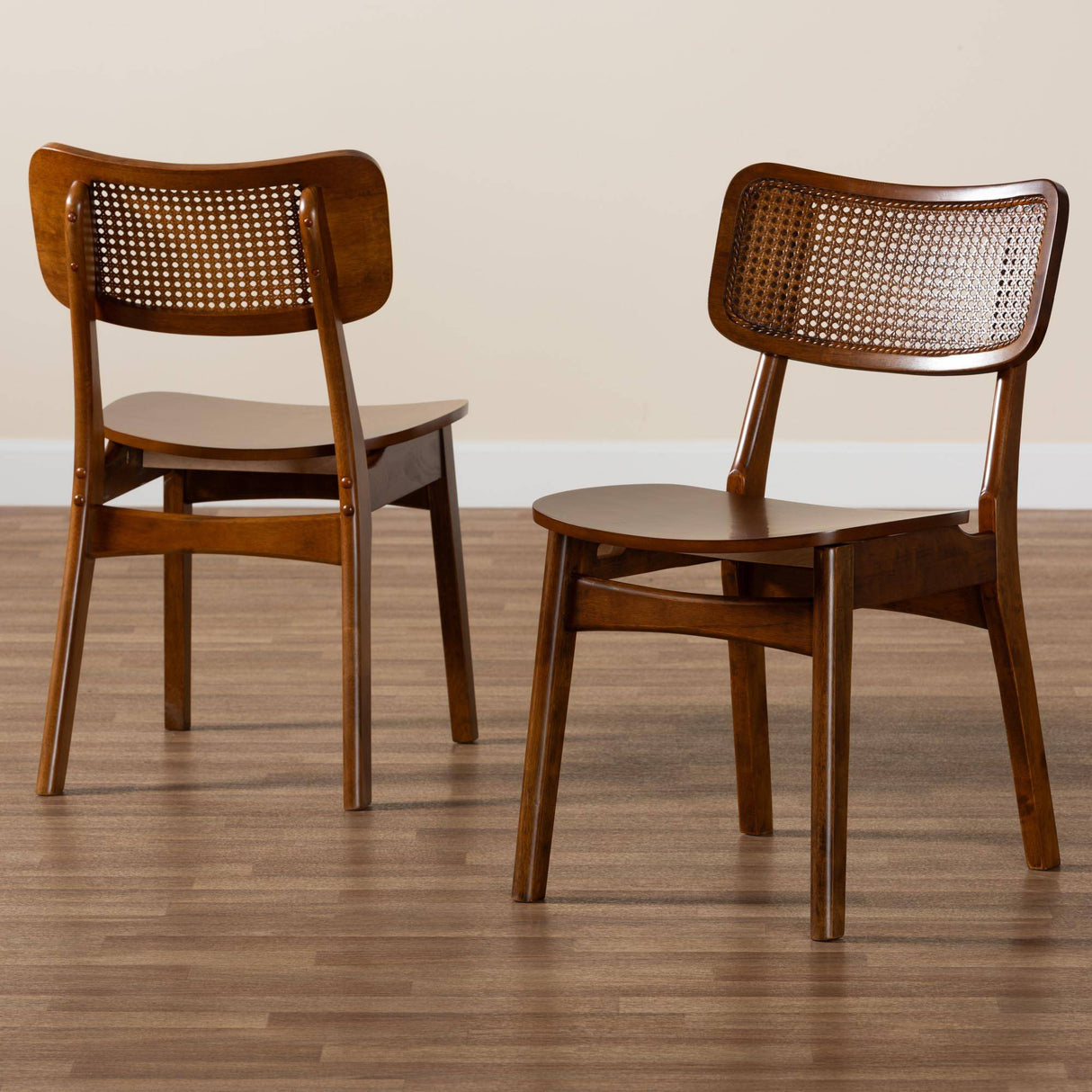 Tafari Mid-Century Modern Walnut Brown Finished Wood and Rattan 2-Piece Dining Chair Set