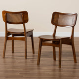Tafari Mid-Century Modern Walnut Brown Finished Wood and Rattan 2-Piece Dining Chair Set