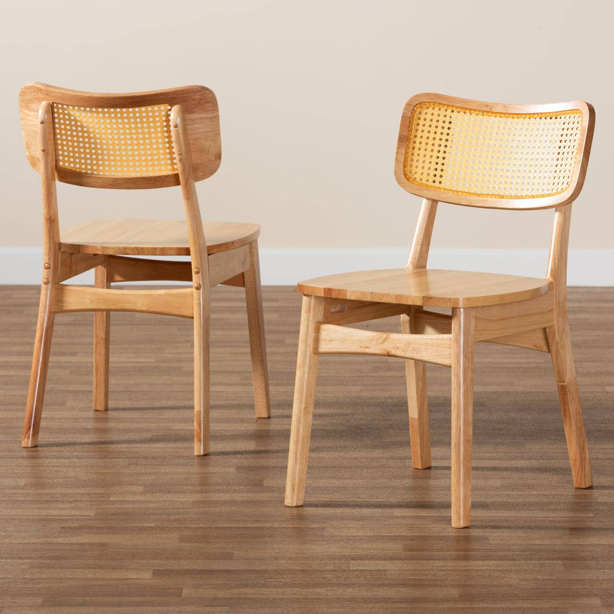 Tadeo Mid-Century Modern Oak Brown Finished Wood and Rattan 2-Piece Dining Chair Set