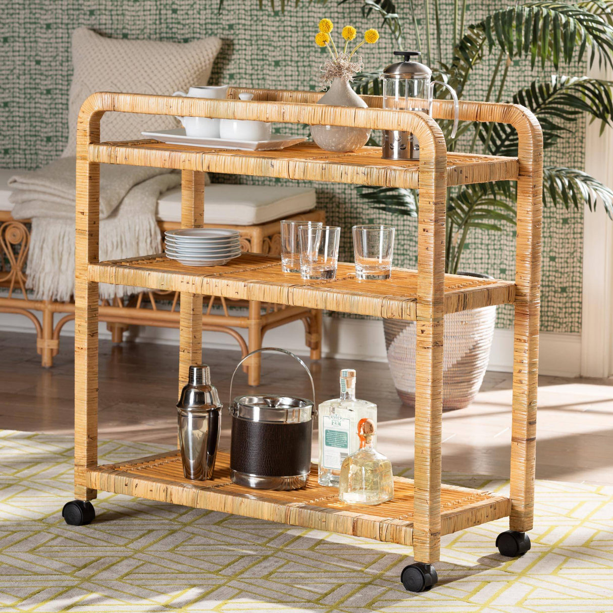 Delphine Modern Wicker Fair Natural Rattan Kitchen Cart