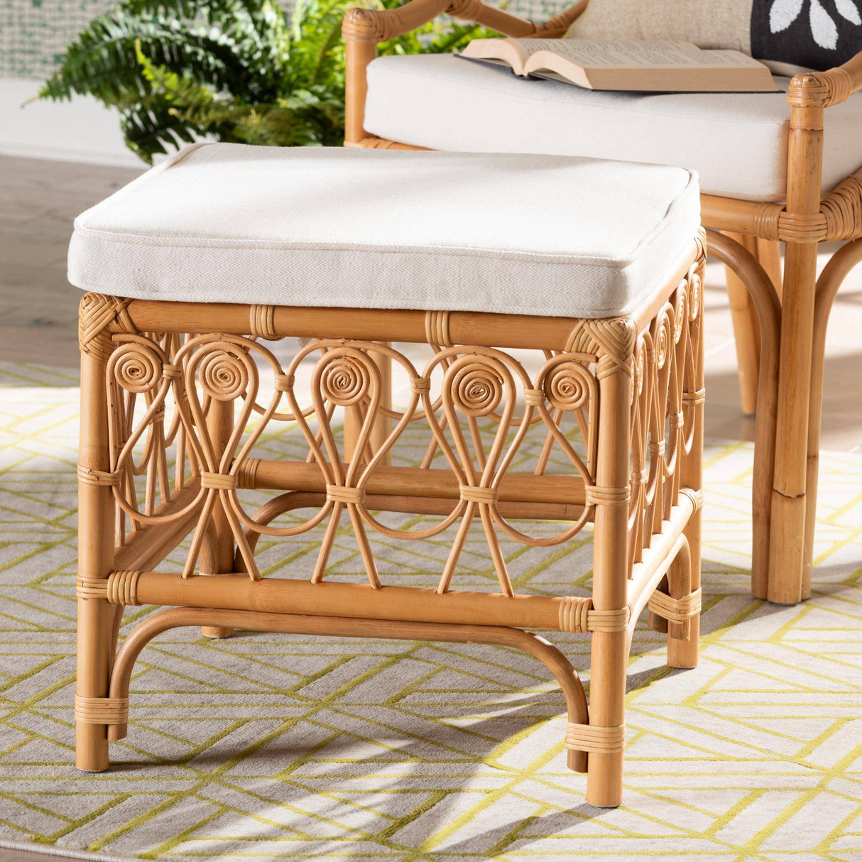 Ibiza Modern bohemian Natural Brown Rattan Footstool